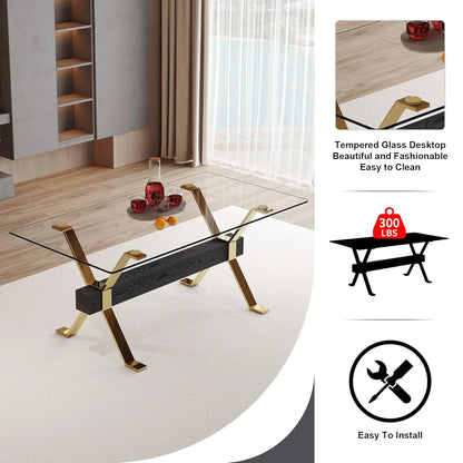71“ Glass Dining Table Set for 6, Modern 7-Piece Dining Table Set,Rectanglular Tempered Glass Top and Metal Legs, Customized