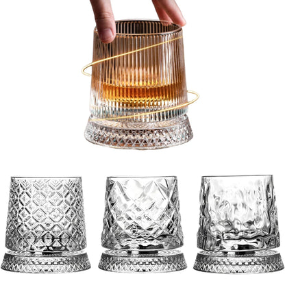 280ml Crystal Rotating Whiskey Glass with Base Ice Flower Bubble Pattern 360° Spinning Glassware For Home Bar Party Wedding