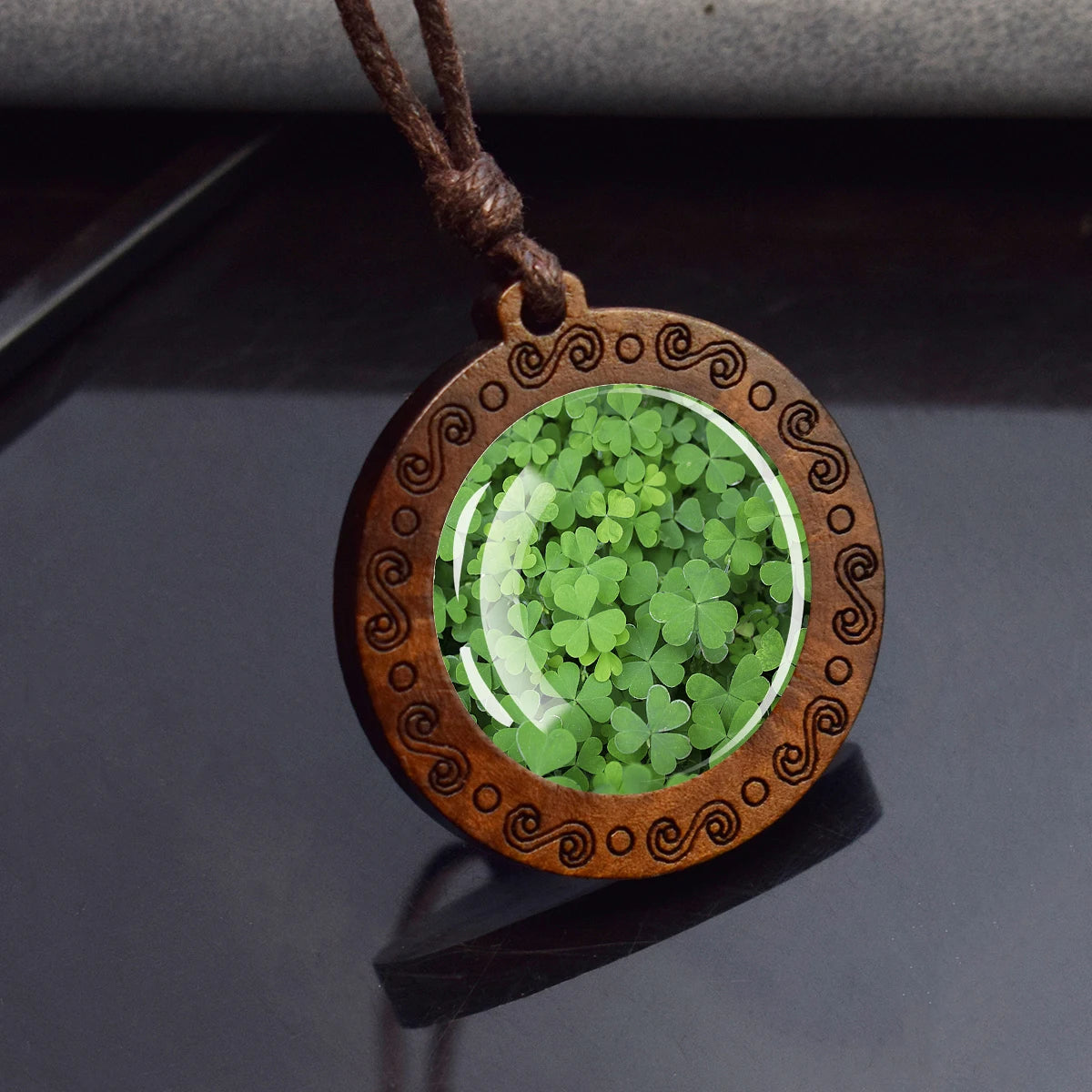 Four Leaf Clover Glass Dome Wooden Pendant Necklace,  Rope Chain,  Retro Jewelry,  St.Patrick's Day Gift