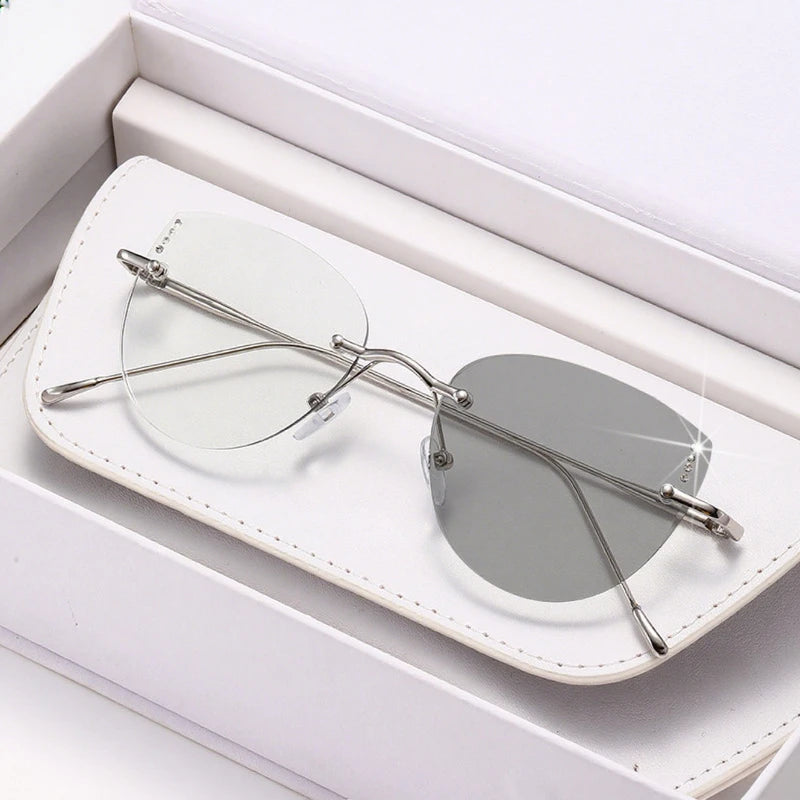 High Quality Frameless Photochromic Myopia Glasses.   All Titanium, Ultra Light Cat Eye , Anti -Blue Light Glasses,  Diopter To -4.0