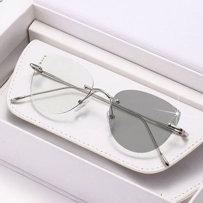 High Quality Frameless Photochromic Myopia Glasses.   All Titanium, Ultra Light Cat Eye , Anti -Blue Light Glasses,  Diopter To -4.0