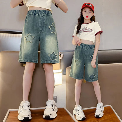Girls Shorts for Summer,  Kids Casual Loose Jeans,  Childrens  Denim Knee Length Pants,  Teenager Fashion High Waist Shorts