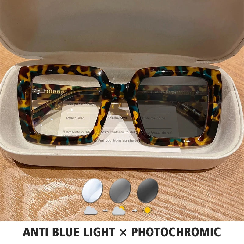 Square, Photochromic,  Blue-Light Blocking, Large Frame Eyeglasses, Reading Glasses Ladies Prescription Myopia Glasses