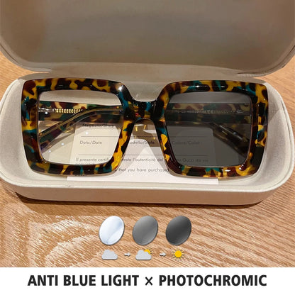 Square, Photochromic,  Blue-Light Blocking, Large Frame Eyeglasses, Reading Glasses Ladies Prescription Myopia Glasses