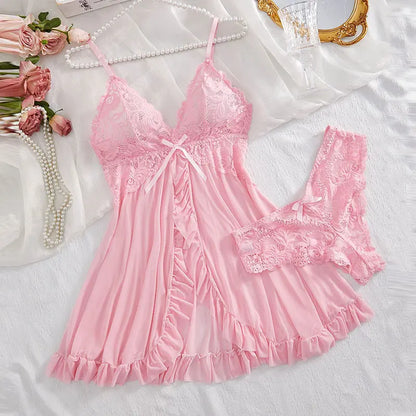 Tulle Ultra Sexy Nightgown,  V-neck Bra, Open Sleep Skirt, Womans Sheer  Lingerie  with Thong