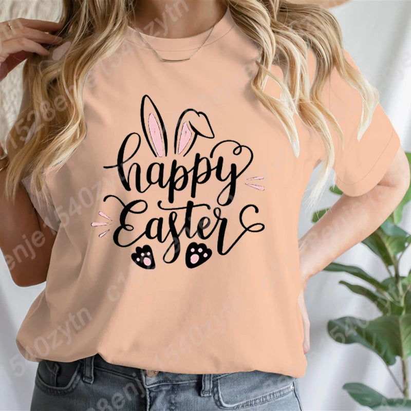 Cute Happy Easter Bunny Print T-Shirts  for Junior Women , Short Sleeve,  Round Neck Tee Shirt Casual,  Soft Summer,  Solid Color T Shirt /Tops