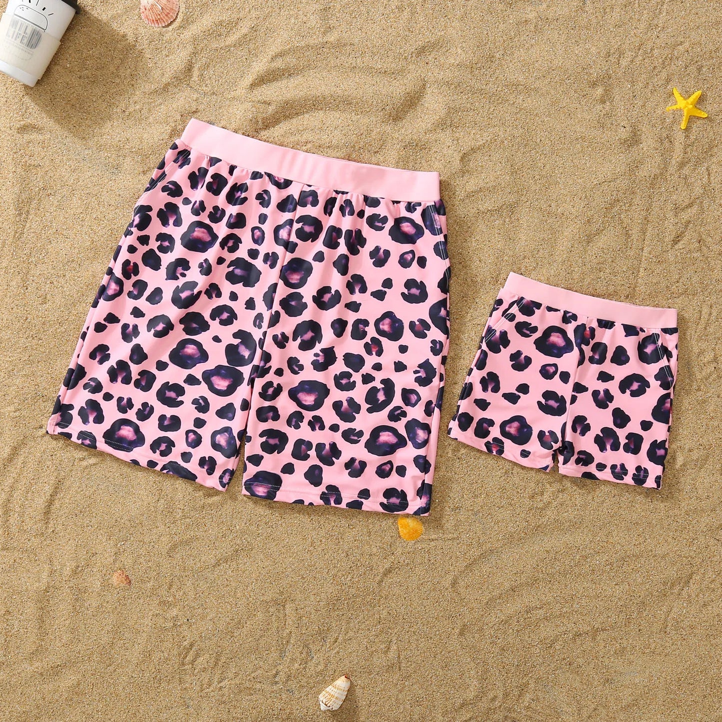 Summer Mom -Daughter/ Dad -Son Matching Swimsuit in Pink Leopard Frill Trim One-piece Suit Swimwear Trunks Beachwear Family Look