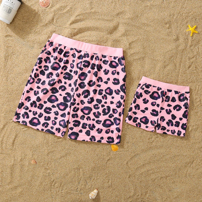 Summer Mom -Daughter/ Dad -Son Matching Swimsuit in Pink Leopard Frill Trim One-piece Suit Swimwear Trunks Beachwear Family Look