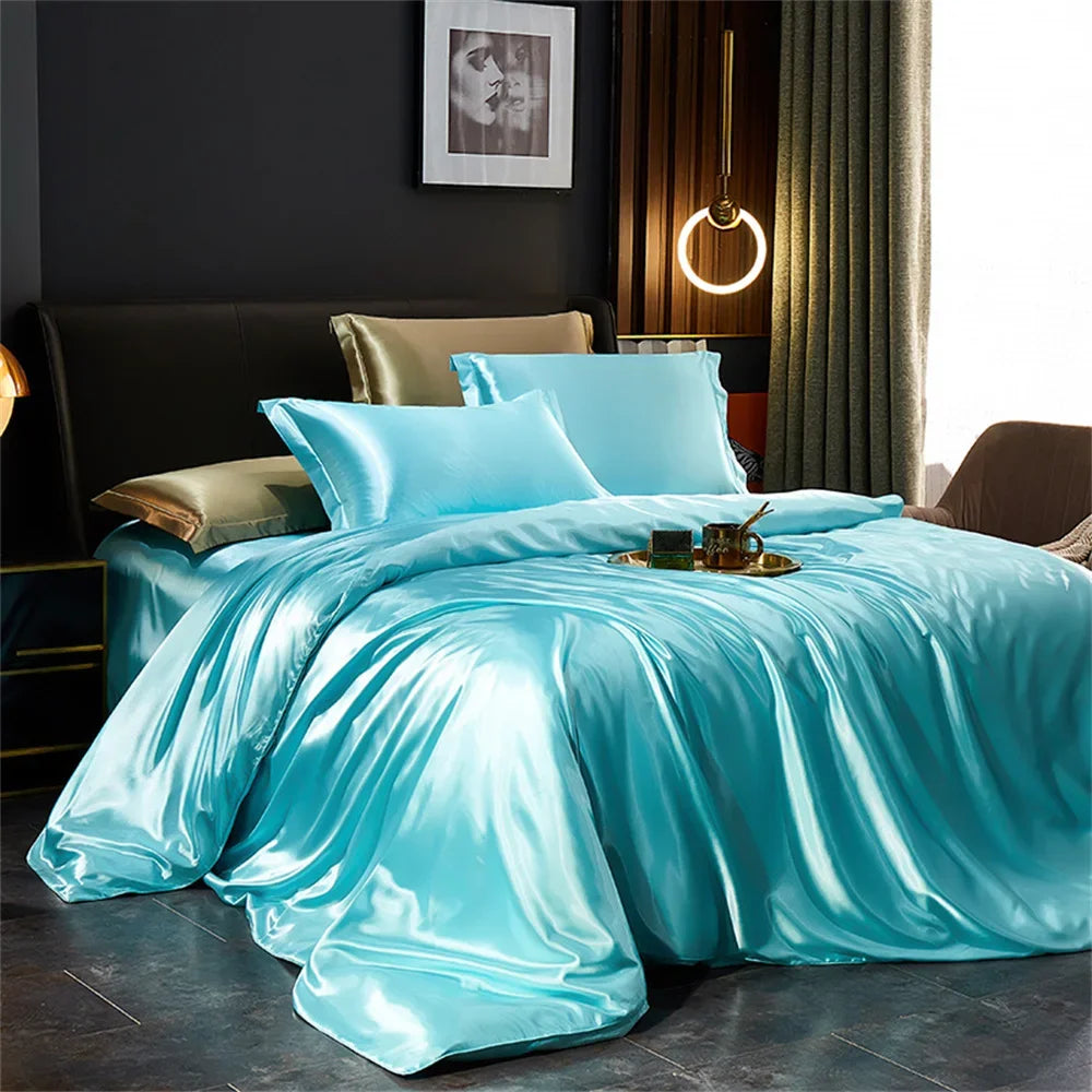 Solid Silk Bedding Set with Duvet Cover, Bed Sheet, 2 Pillowcases Luxury Satin Single Double Bedsheet King Queen Twin Size