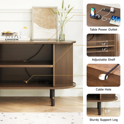 TV Stand Living Room Furniture with Power Outlet for TVs up to 60/70",TV Table with Sliding Doors Storage Adjustable Shelves