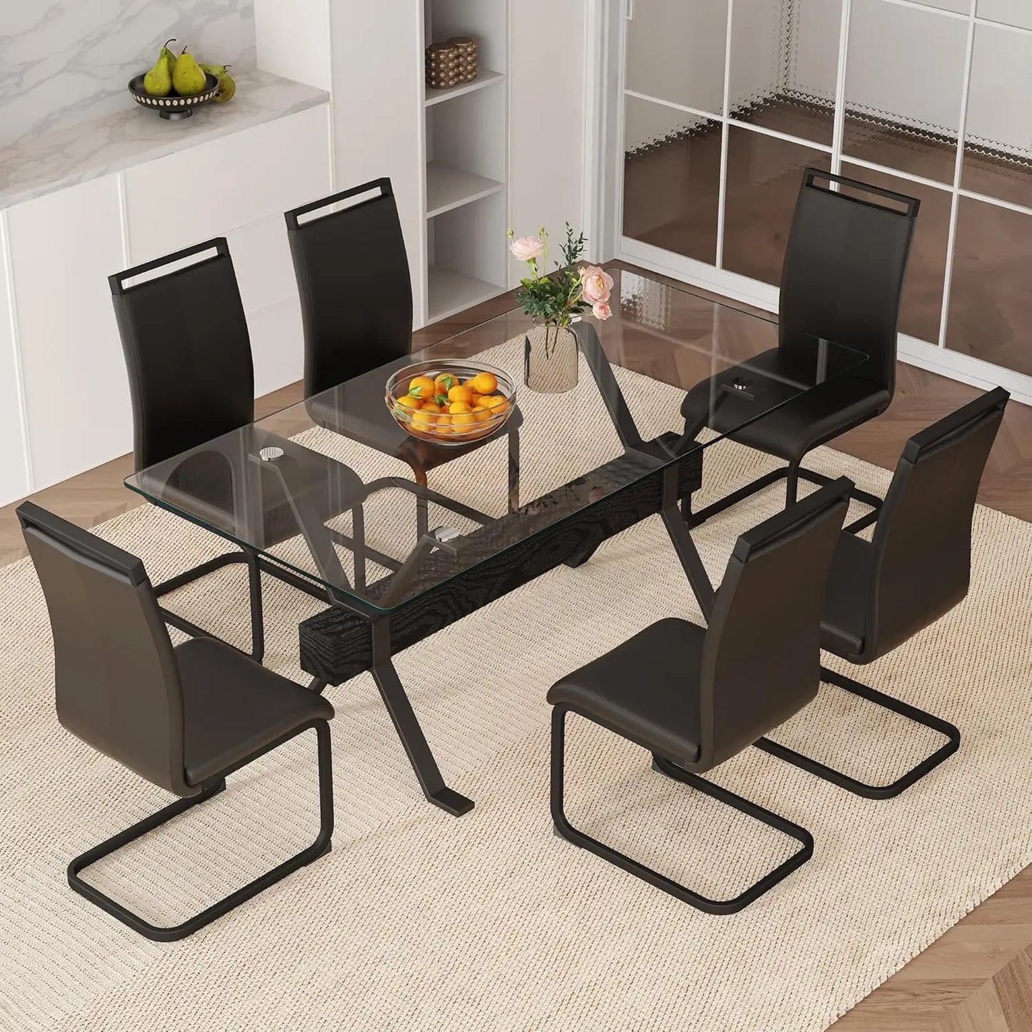 71“ Glass Dining Table Set for 6, Modern 7-Piece Dining Table Set,Rectanglular Tempered Glass Top and Metal Legs, Customized