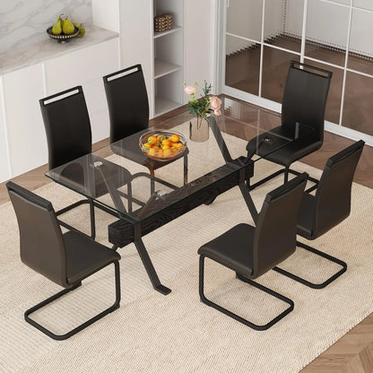 71“ Glass Dining Table Set for 6, Modern 7-Piece Dining Table Set,Rectanglular Tempered Glass Top and Metal Legs, Customized