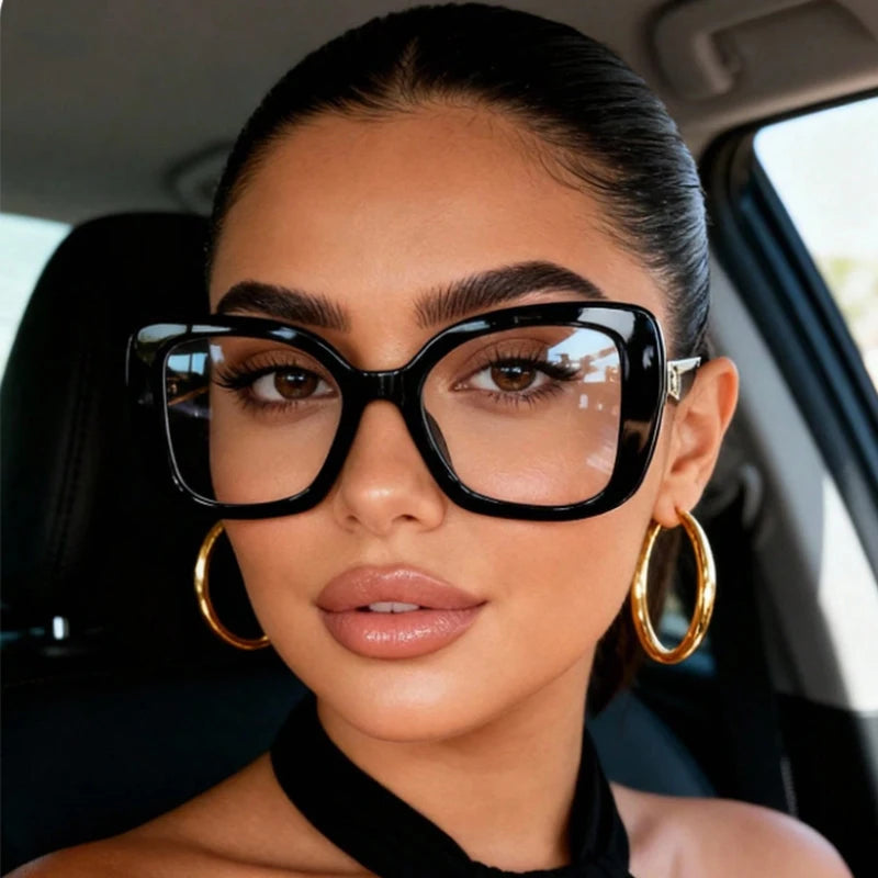 Luxury Brand,  Oversized, Square Reading Glasses  for Women  with Triangle heart on the temple.  Blue-Light Blocking, Clear Computer Glasses