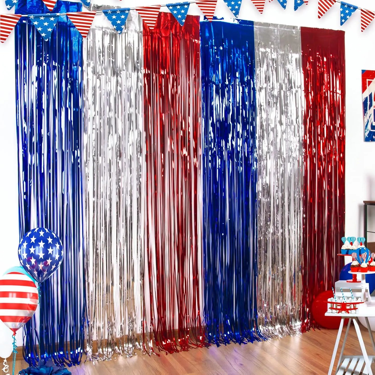 Patriotic  Decorations, Red White and Blue  Streamers, Foil Fringe Curtains Photo booth Props,  Party Backdrop.  Different lengths offered