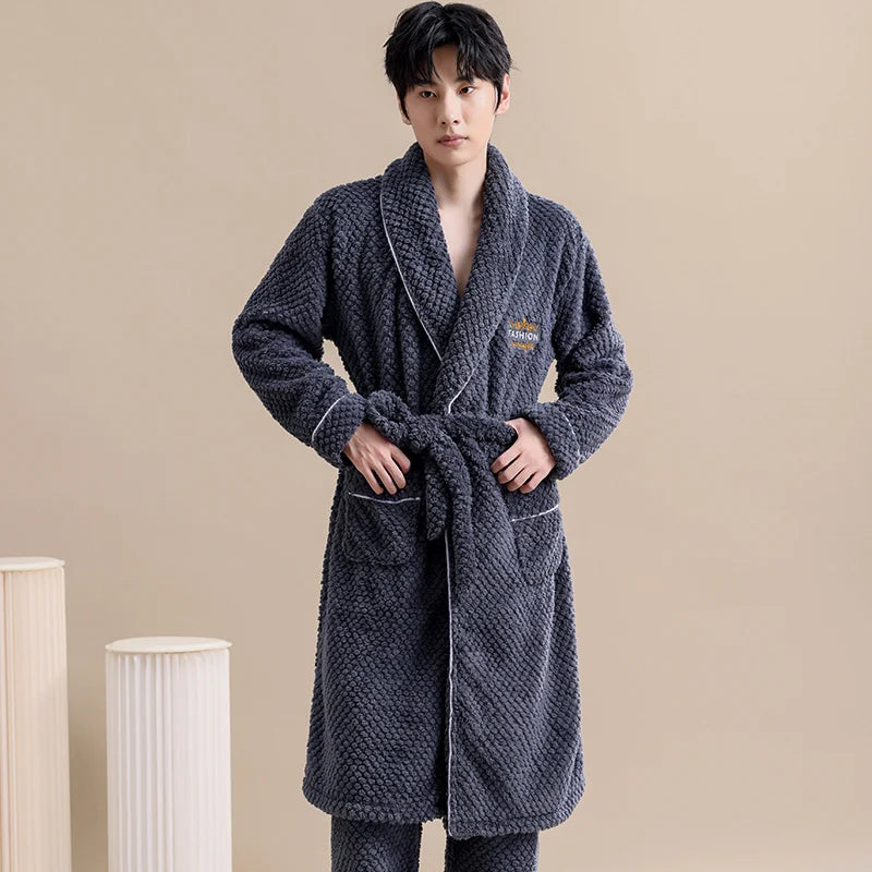 Winter Jacquard Flannel Sleepwear With Belt Robe+Pants.  . 2PC Warm Men s Pajamas.  Fleece Robes Set Full Sleeve Homewear.