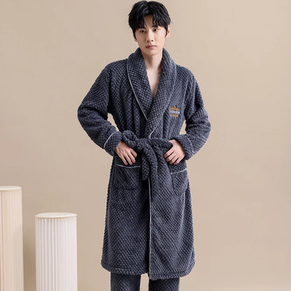 Winter Jacquard Flannel Sleepwear With Belt Robe+Pants.  . 2PC Warm Men s Pajamas.  Fleece Robes Set Full Sleeve Homewear.