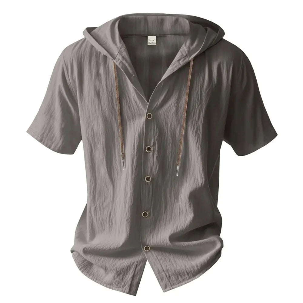 Cotton Linen Shirt for Men, Hooded,  Short Sleeve,  Solid Colors, Breathable and Lightweight with Drawstring Design.