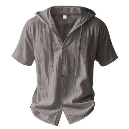 Cotton Linen Shirt for Men, Hooded,  Short Sleeve,  Solid Colors, Breathable and Lightweight with Drawstring Design.