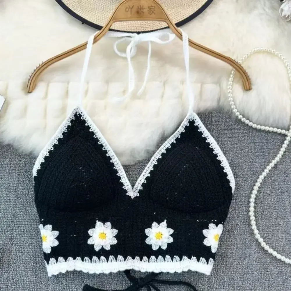 National Style Women Swimwear Top with Chest Pads Bohemian Beach Wear Outfit Crochet Hanging Neck Summer Sling Beach Vacation