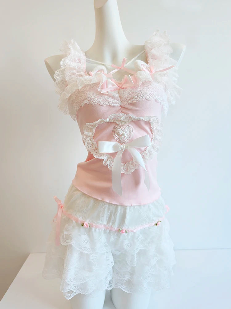 Cute Crop Top for Women / Gils for Summer.   Lace Trim,  Bows,  Lovely Pink Top.