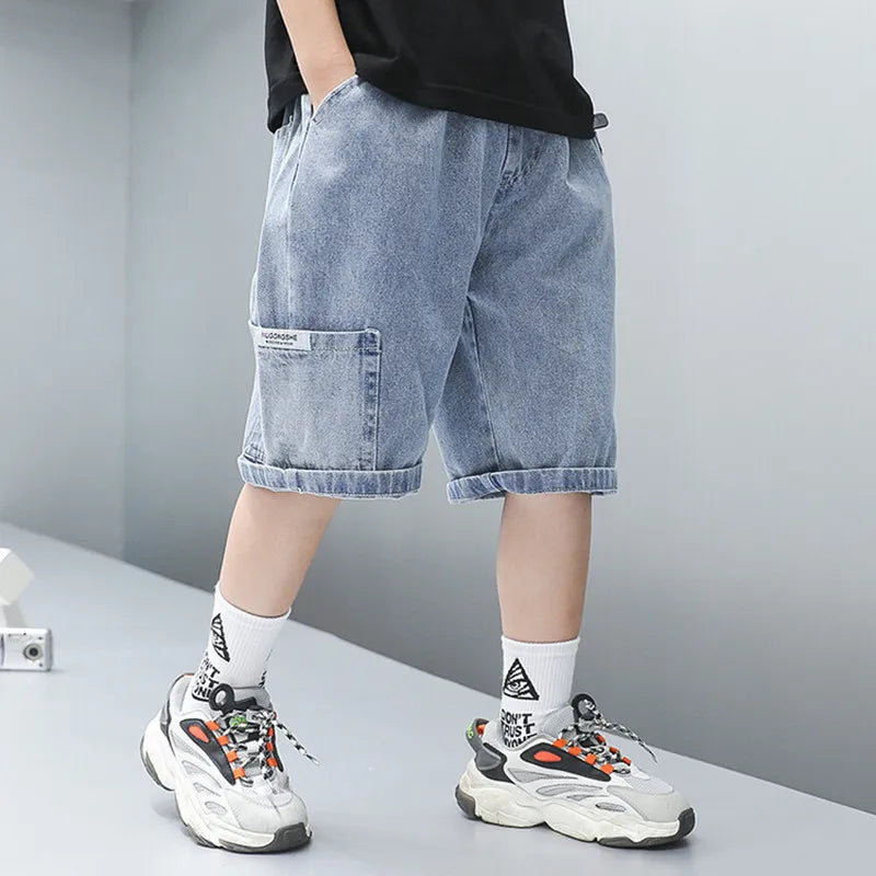 Boys summer Jeans,  Thin,  Young Teenage Boys,  Versatile Denim Shorts with Sticker Pockets.   4-14Yrs Kids Boy Shorts,