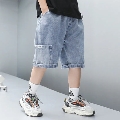 Boys summer Jeans,  Thin,  Young Teenage Boys,  Versatile Denim Shorts with Sticker Pockets.   4-14Yrs Kids Boy Shorts,