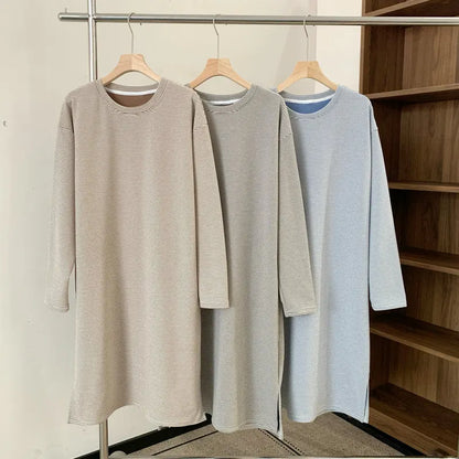 Warm Velvet Striped Design Long Sleeved Nightgown Men's Sleeping Dress Loose Plus Size Home Wear Mid Length Men Clothes