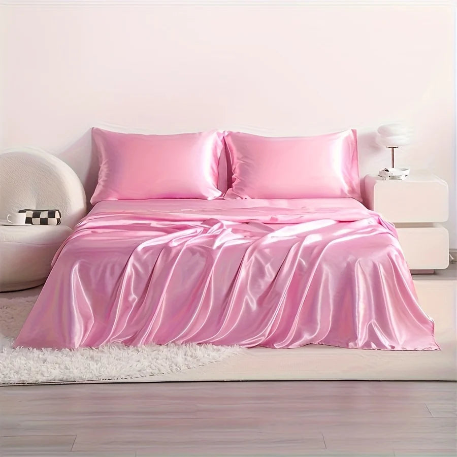 4pcs Cooling Satin Bed Sheet Set, Shrink-Resistant, Fade-Resistant, Hypoallergenic, Breathable, Flat Sheet & Fitted Sheet & Pill