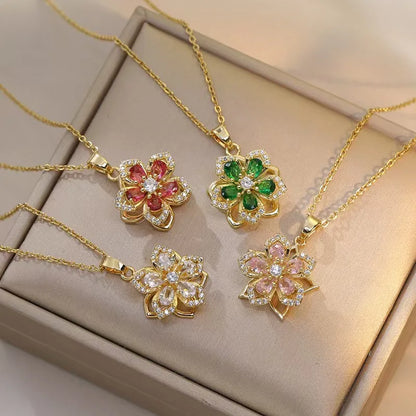 Shiny Zircon Romantic Flower Pendant, Necklace For Women Gold Plated Rotatable Flowers Choker for Girls , Wedding Party,  Luxury Jewelry