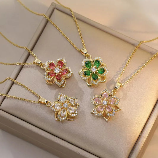 Shiny Zircon Romantic Flower Pendant, Necklace For Women Gold Plated Rotatable Flowers Choker for Girls , Wedding Party,  Luxury Jewelry