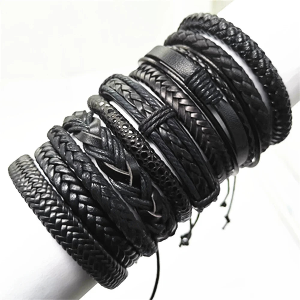 10 Pcs/set Black Wrap Woven, Handmade Mens  Bracelets. Male / Female Leather Bracelets.