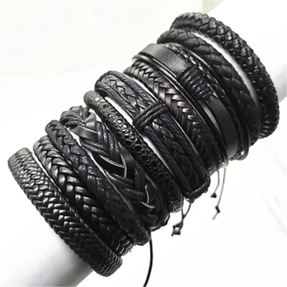 10 Pcs/set Black Wrap Woven, Handmade Mens  Bracelets. Male / Female Leather Bracelets.
