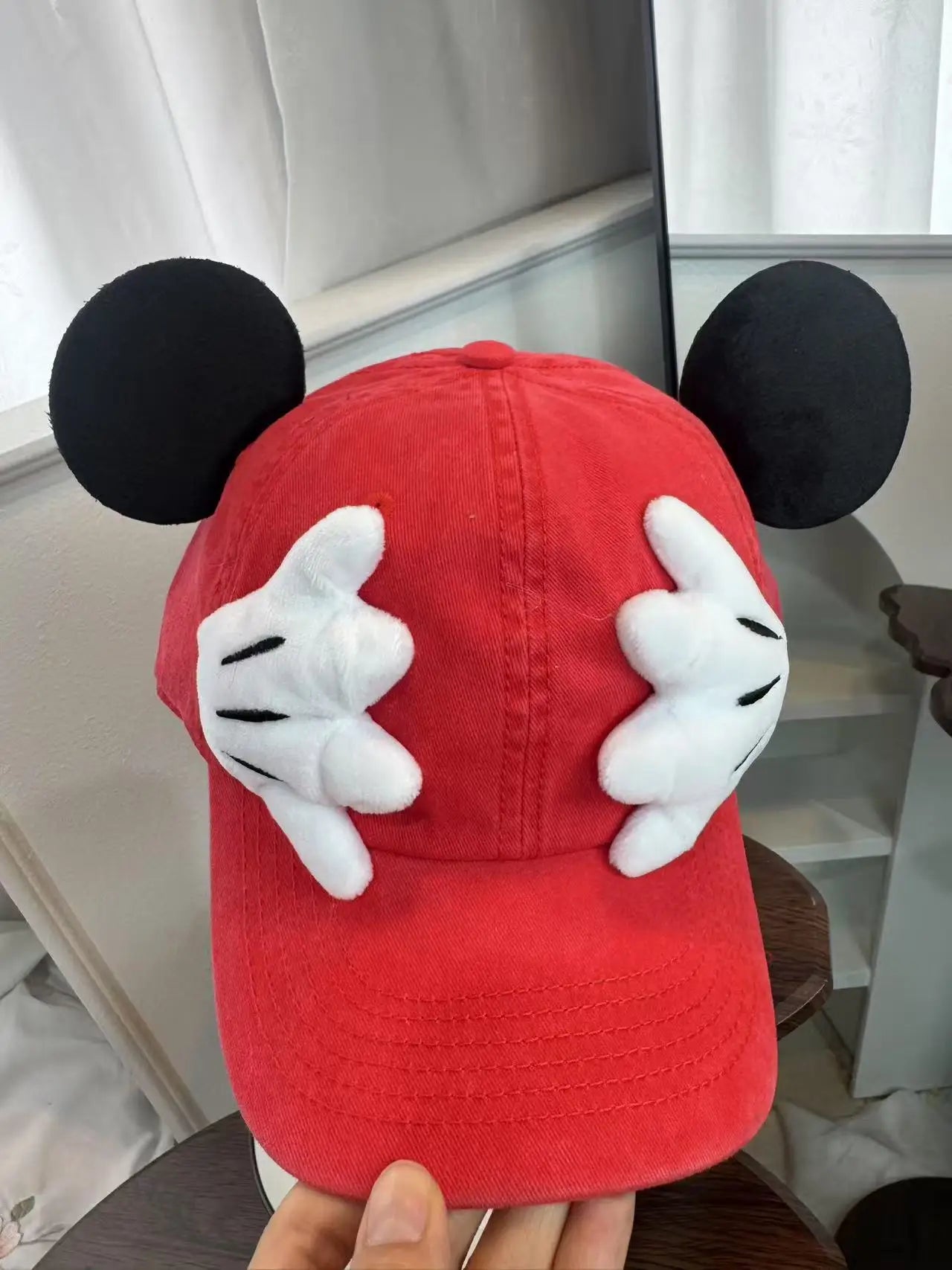 Cute Cartoon Mouse Ear Baseball Caps Adjustable Snapback Hat Outdoor Sports Travel Sun Hat with Curved Brim for Adult Teens.  RED and BLUE are gone. PINK, BLACK, PURPLE are most available.