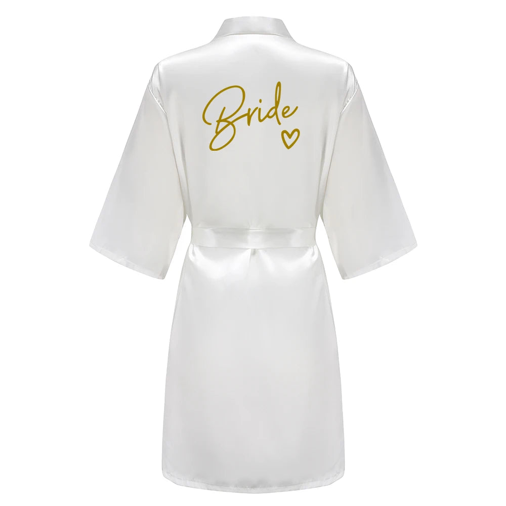 Wedding Party Team Bride Robe With Black Letters, Kimono Style Satin Bridesmaid Bathrobes