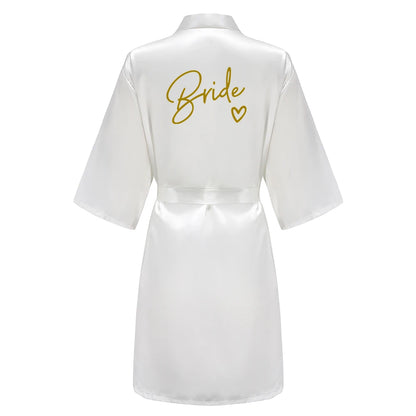 Wedding Party Team Bride Robe With Black Letters, Kimono Style Satin Bridesmaid Bathrobes