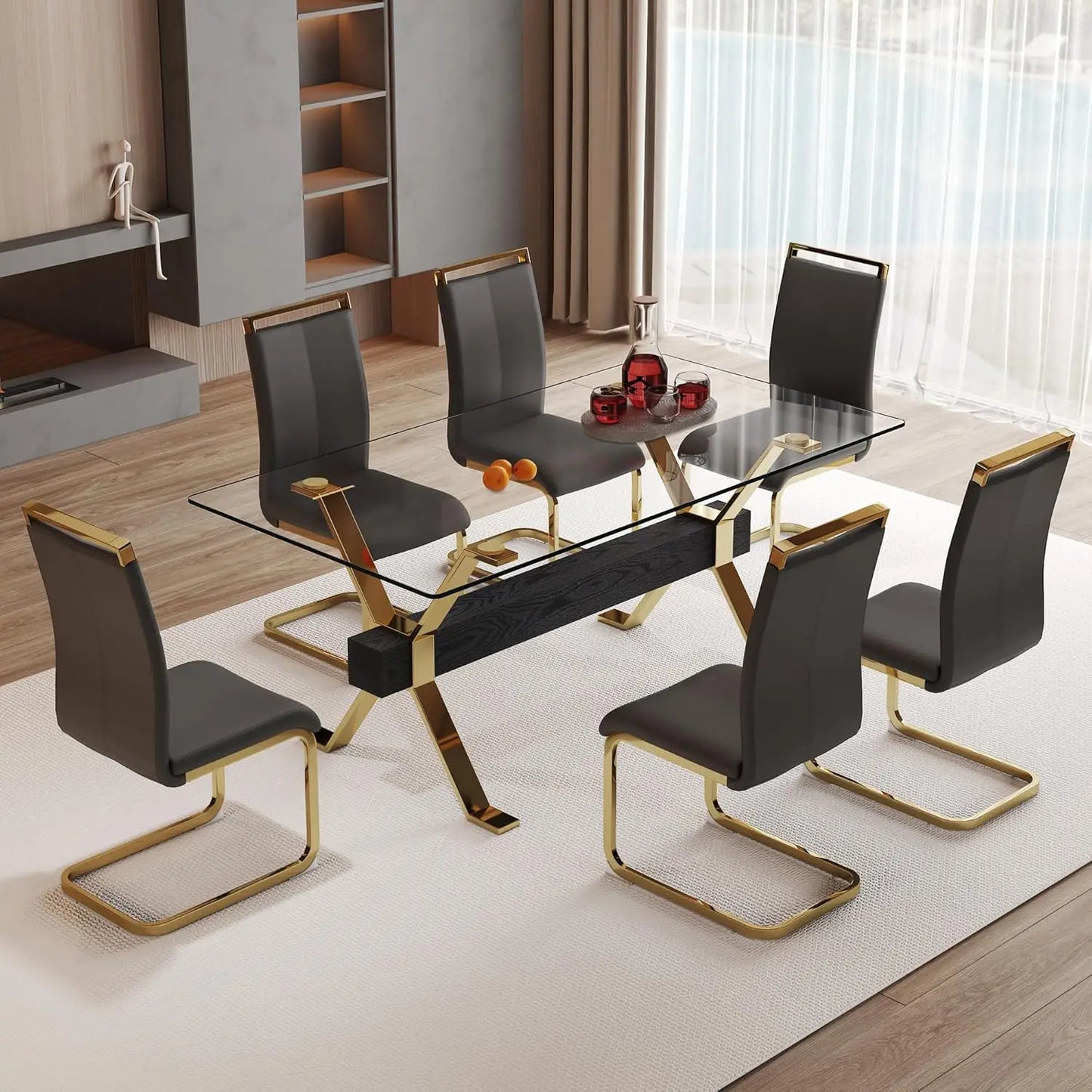 71“ Glass Dining Table Set for 6, Modern 7-Piece Dining Table Set,Rectanglular Tempered Glass Top and Metal Legs, Customized