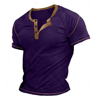 Retro Men's Button-Down T-Shirt  (HENLEY-STYLE), Minimalist Print T-Shirt,  Loose-Fit,  Casual Summer Shirt,  Stylish Streetwear Men.