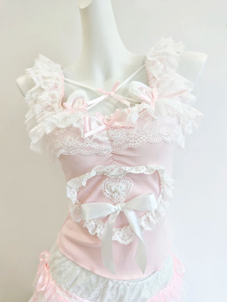 Cute Crop Top for Women / Gils for Summer.   Lace Trim,  Bows,  Lovely Pink Top.