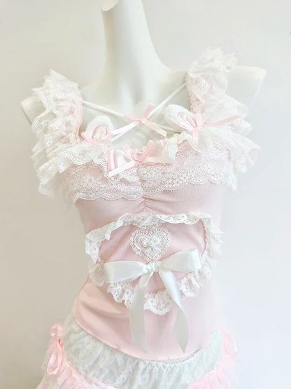 Cute Crop Top for Women / Gils for Summer.   Lace Trim,  Bows,  Lovely Pink Top.