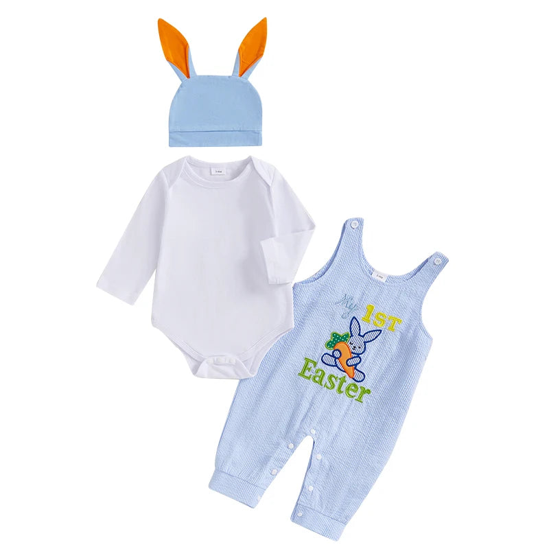 My First Easter Baby Boy Outfit,  Bunny Embroidery Farm Romper with  Plaid Overall,   Bunny  Earson  Hat.  Newborn Baby Easter Clothes