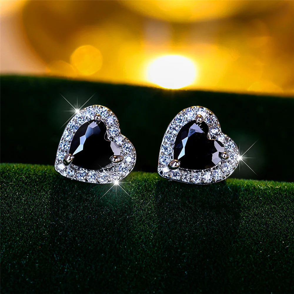 Cute Female Black/Green/Red/White/Blue Small Heart Stud Earrings .  Vintage Wedding Jewelry For Women