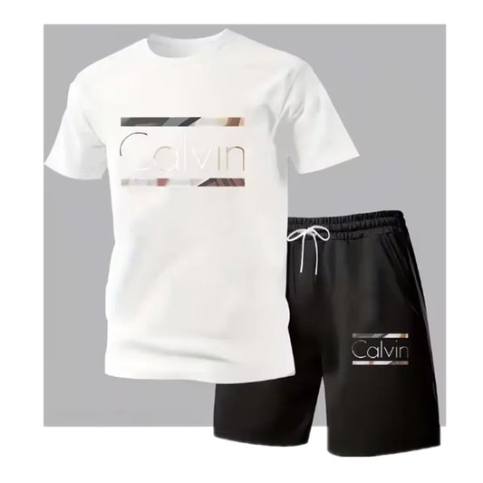 Fashion Casual T-shirt and Shorts,  Two-piece Set,  3D Letter Printing on  Men's Summer Outdoor Wear
