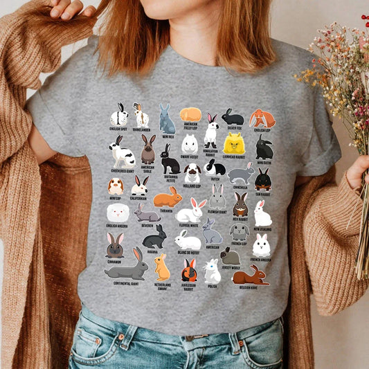 Bunny Summer Women's T-shirt,  Types of Rabbits , Print Tops,  Short-sleeved Casual Ladies Tees, O-neck