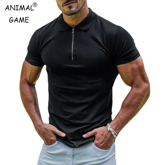 New Elastic Polos Shirts, 11 Solid Colors to pick from. Men's Sports T-shirt  with  Zipper, Short Sleeved Slim T-shirt , Casual, Basic Tops