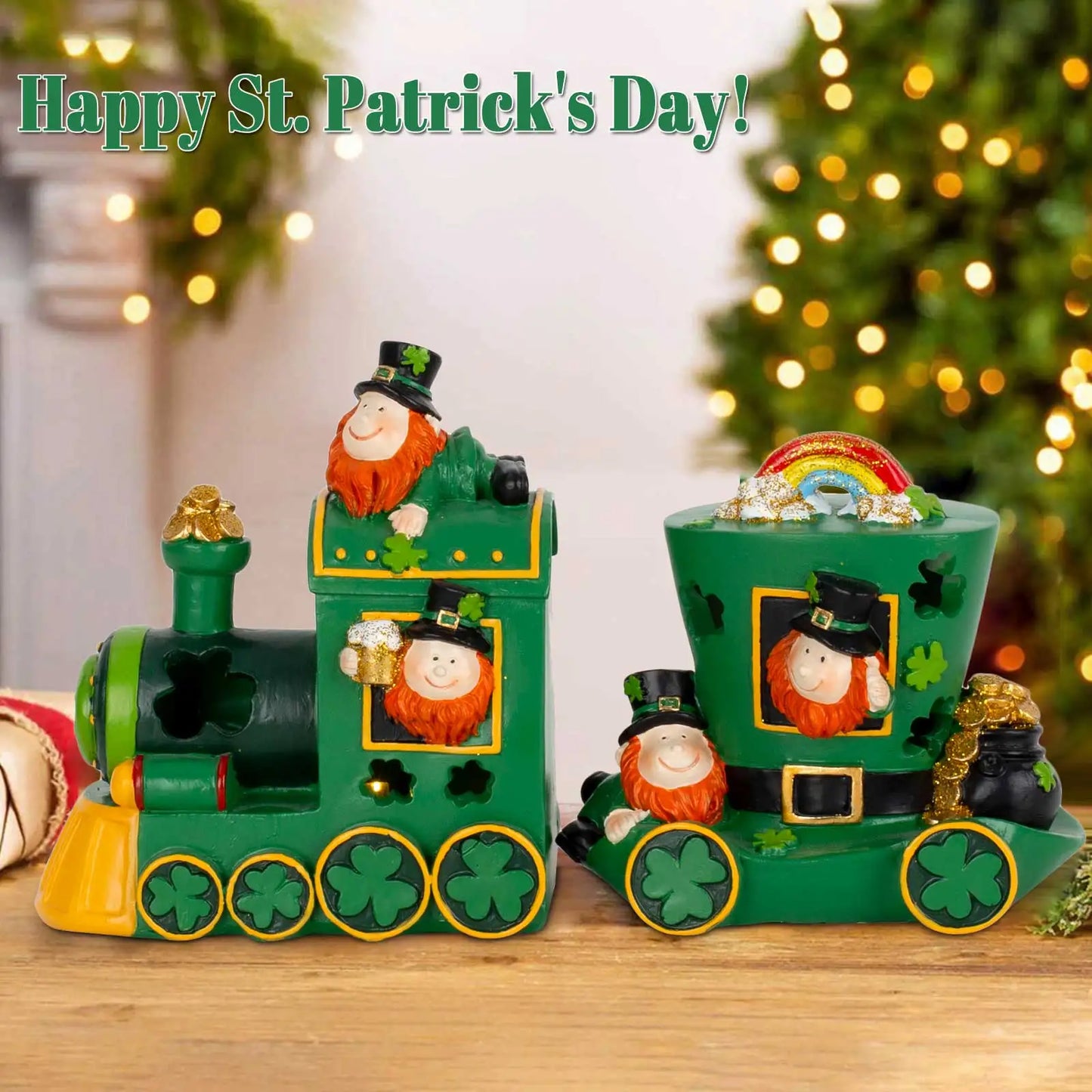 St Patricks Day Decorations For Home Train 2 Piece Set LED  Saint Patrick Gnomes Figurines Home Ireland Indoor Party Table Decor