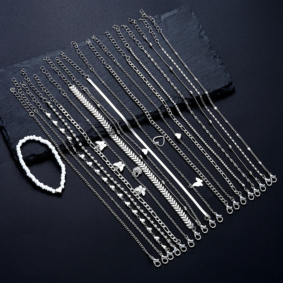 19Pcs/Set New Design Silver Color Anklet Sets for Women Fashion Pearl Butterfly Heart Crystal Foot Chain Versatile Daily Jewelry.  This set is a wonderful gift or a wonderful BUY TO WEAR AND SHARE WITH FRIENDS