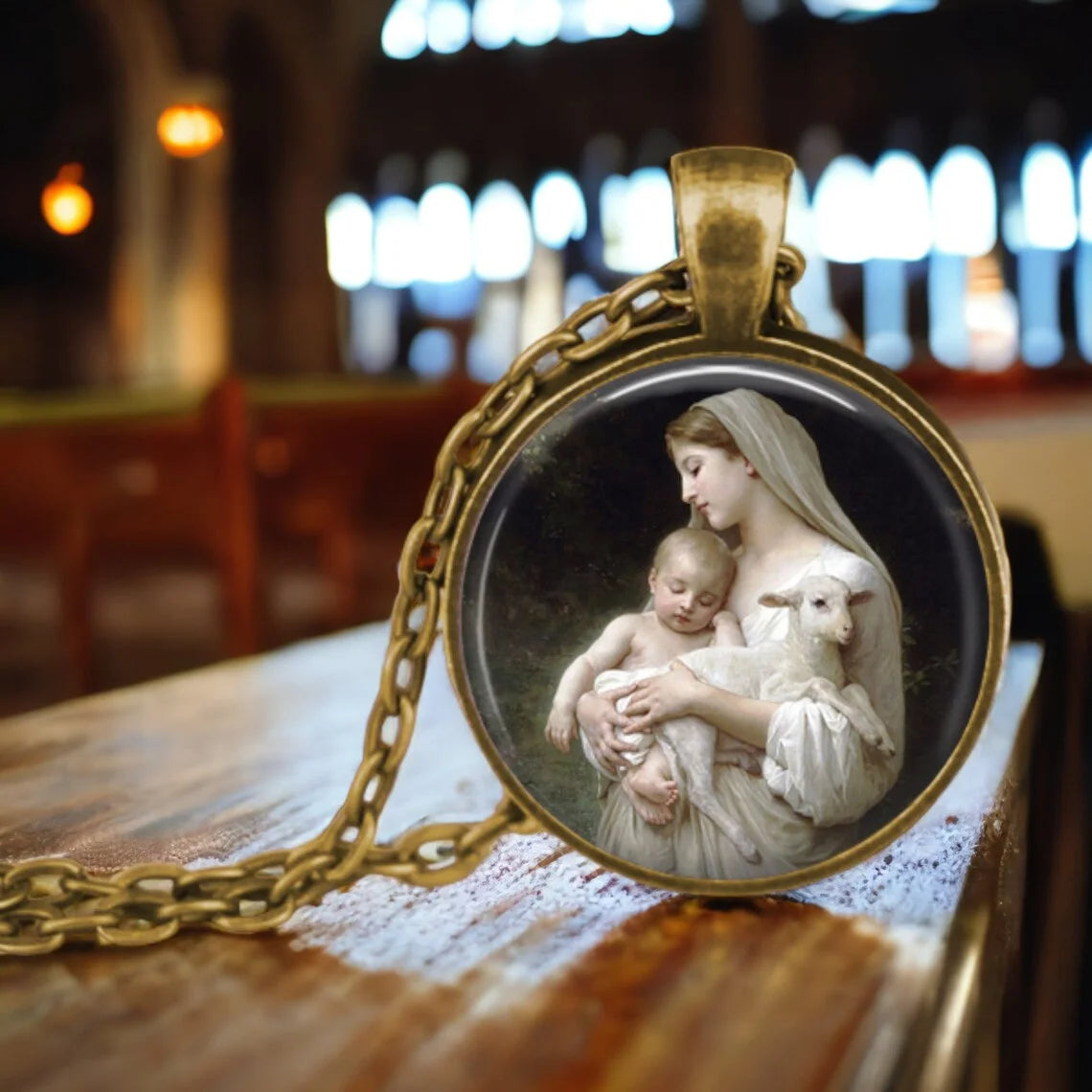 The Holy Family Glass Pendant Necklace,  Catholic Saint Joseph,  Virgin Mary,  Jesus Necklace