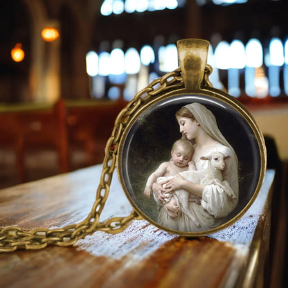 The Holy Family Glass Pendant Necklace,  Catholic Saint Joseph,  Virgin Mary,  Jesus Necklace