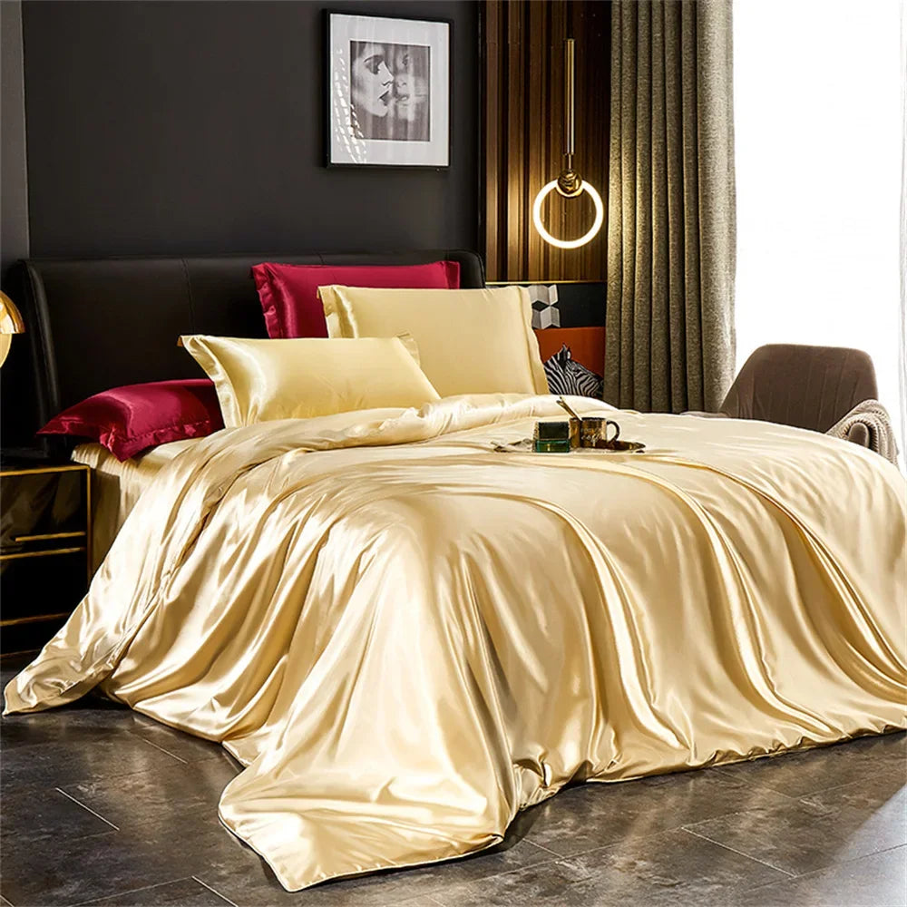 Solid Silk Bedding Set with Duvet Cover, Bed Sheet, 2 Pillowcases Luxury Satin Single Double Bedsheet King Queen Twin Size