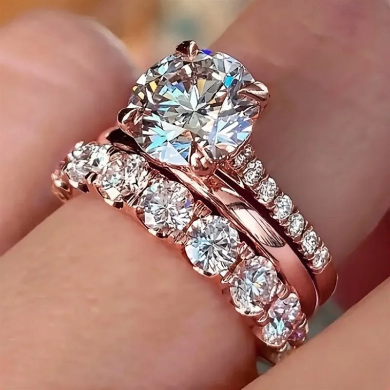 Huitan Gorgeous 3Pcs Set of Rings Female Luxury Shiny Round Zirconia Finger Jewelry Fashion Gold Color Accessories for Wedding